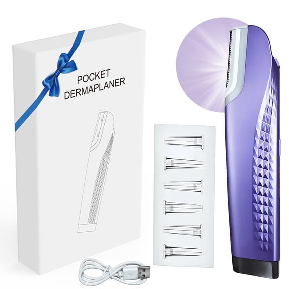 Dermaplaning Tool for Face with 7 Replaceable Blades, 3 Speed LED Light Dermaplane Razor for women face to Remove Facial Hair & Peach Fuzz, Purple