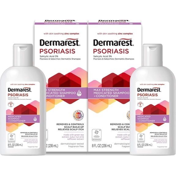 Dermarest Psoriasis Medicated Shampoo and Conditioner, Unscented, Dermatologist Tested, 8 ounces, (Pack of 2)