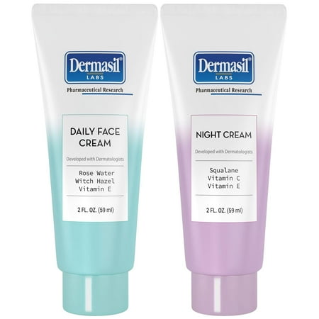 Dermasil Face Moisturizer Variety 2-Pack – Daily Face Cream with Witch Hazel and Rose Water + Night Cream with Vitamin C and Squalane, 2 Oz Ea