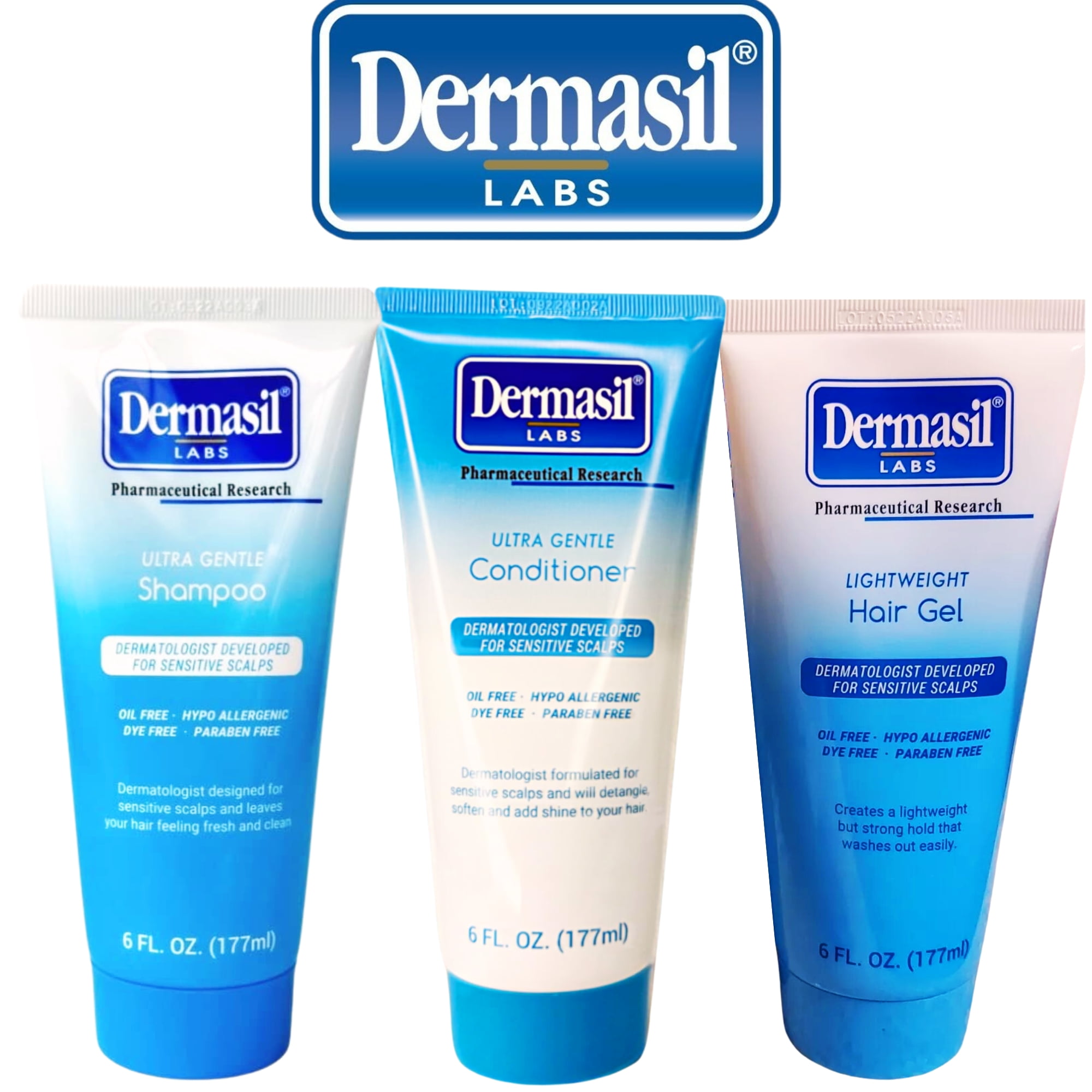 Dermasil Labs Ultra Gentle Shampoo, Conditioner, and Lightweight Hair Gel Set for Sensitive Scalps, 6 FL OZ (177 mL) Each, Pack of 3
