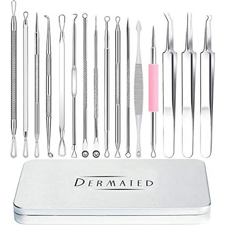 Dermated [16 Pack] Blackhead Remover Tools Pimple Popper Tool Kit   Stainless Steel Professional Pimple Extractor Tool Kit for Blackheads,  Blemish, Comdone, Acne, Zit, and Whiteheads for Face & Nose 