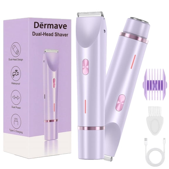 Dermave Shaver Bikini Shaver - Trimmer 2.0 for Women, 2 in 1 Electric Dual Head Razors, Ipx7 Waterproof, USB Charging, Painless Hair Removal for Private Area/Facial/Pubic/Hair Body