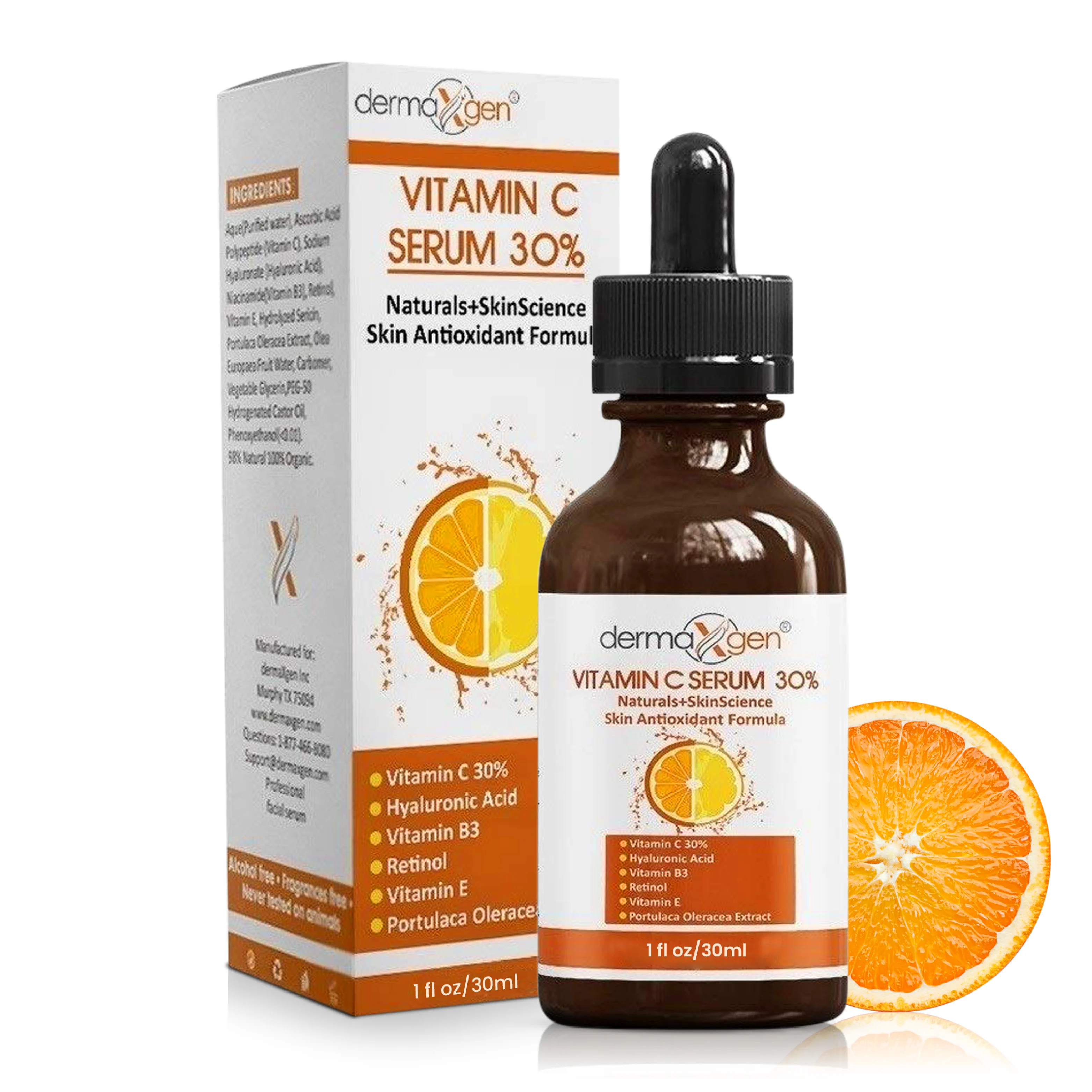 Dermaxgen 30% Vitamin C Facial Serum with Hyaluronic Acid and Retinol – Hydrating and Revitalizing Skincare - 1 Fl Oz