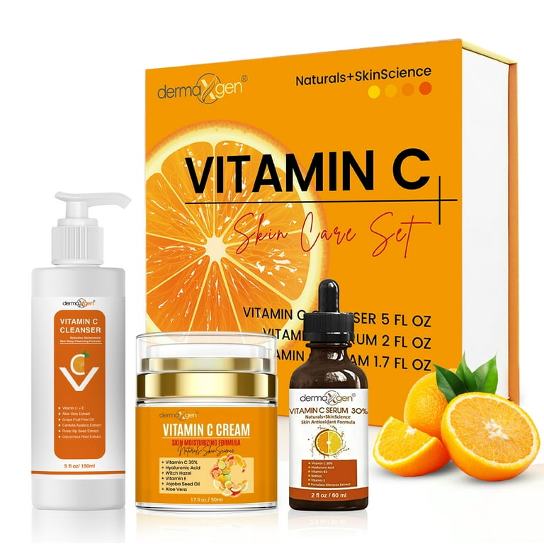 Dermaxgen Vitamin C Complete Facial Care Anti-Aging Set with Cleanser,  Moisturizer and Serum for Wrinkles, and Dark Spots. Day & Night Skincare  Gift Set 