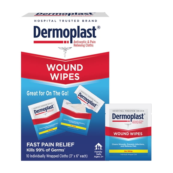 Dermoplast Wound Wipes Medicated First Aid Cloths, Analgesic & Antiseptic Wipes for Treating Minor Cuts, Scrapes and Burns on The Go, Sting Free, 10 Individual Cloths