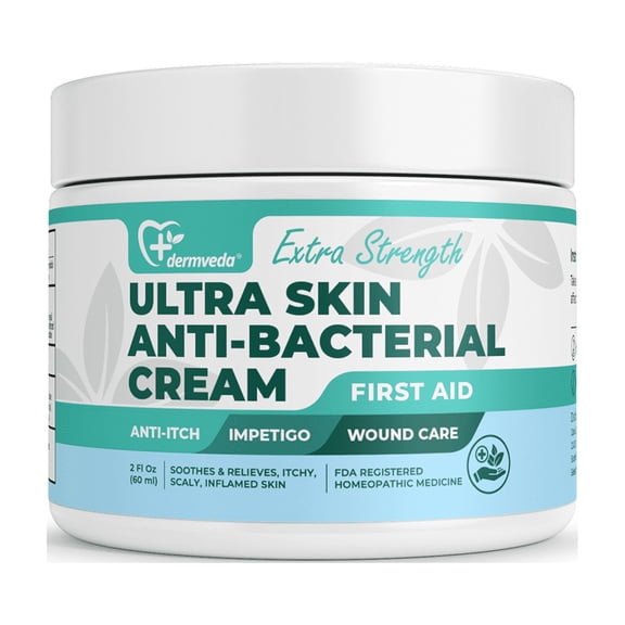 Dermveda Extra Strength Ultra Skin Cream, Homeopathic Antibacterial Topical Cream for First Aid, Daily Skin Care, Wound Care, Itch Control & Impetigo Relief, 60 ml (2 fl oz)
