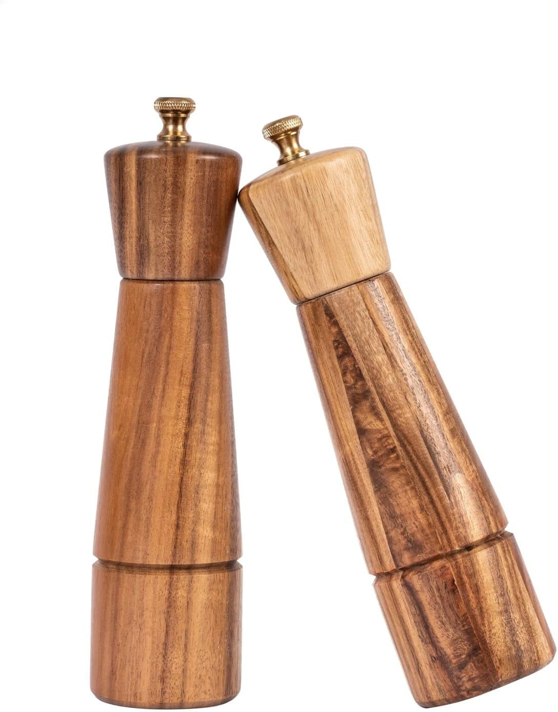 DeroTeno Salt and Pepper Mill Set, Adjustable Ceramic Grinder Salt Mill, Stainless Steel Grinder Pepper Mill, Acacia Wood, 8 inch/22 cm Height, Bottom Dia 5.5 cm (Tray is NOT Included)