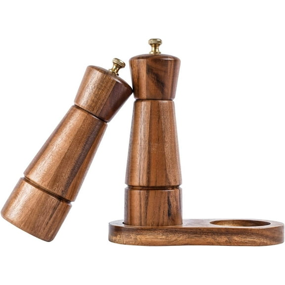 DeroTeno Salt and Pepper Mill Set with Tray, Adjustable Ceramic Grinder Salt Mill, Stainless Steel Grinder Pepper Mill, Acacia Wood, 6 inch /16.5 cm Height, Bottom Dia 5 cm (Tray is Included)