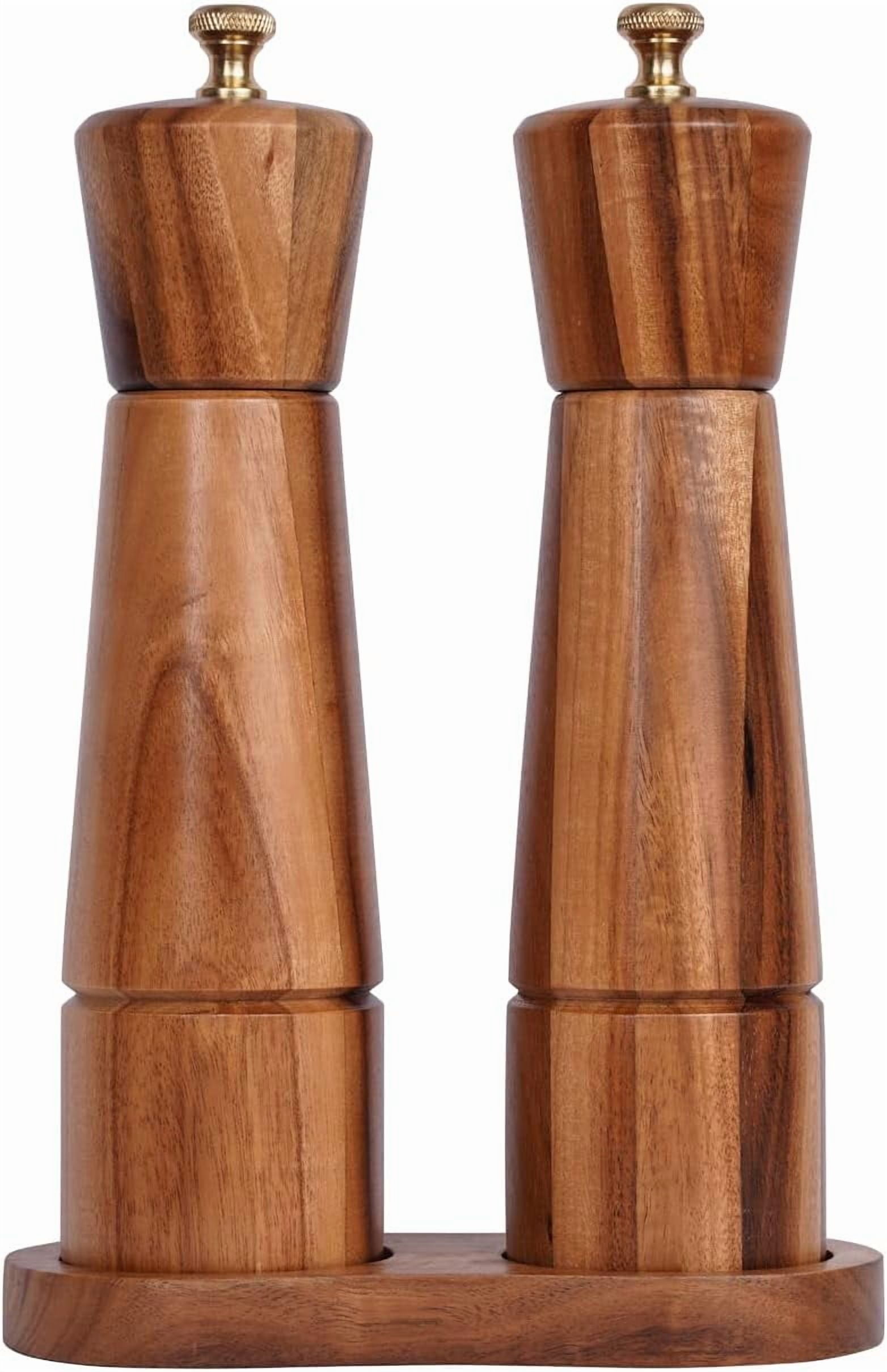 DeroTeno Salt and Pepper Mill Set with Tray, Adjustable Ceramic Grinder Salt Mill, Stainless Steel Grinder Pepper Mill, Acacia Wood, 8 inch /22 cm Height, Bottom Dia 5.5 cm (Tray is Included)