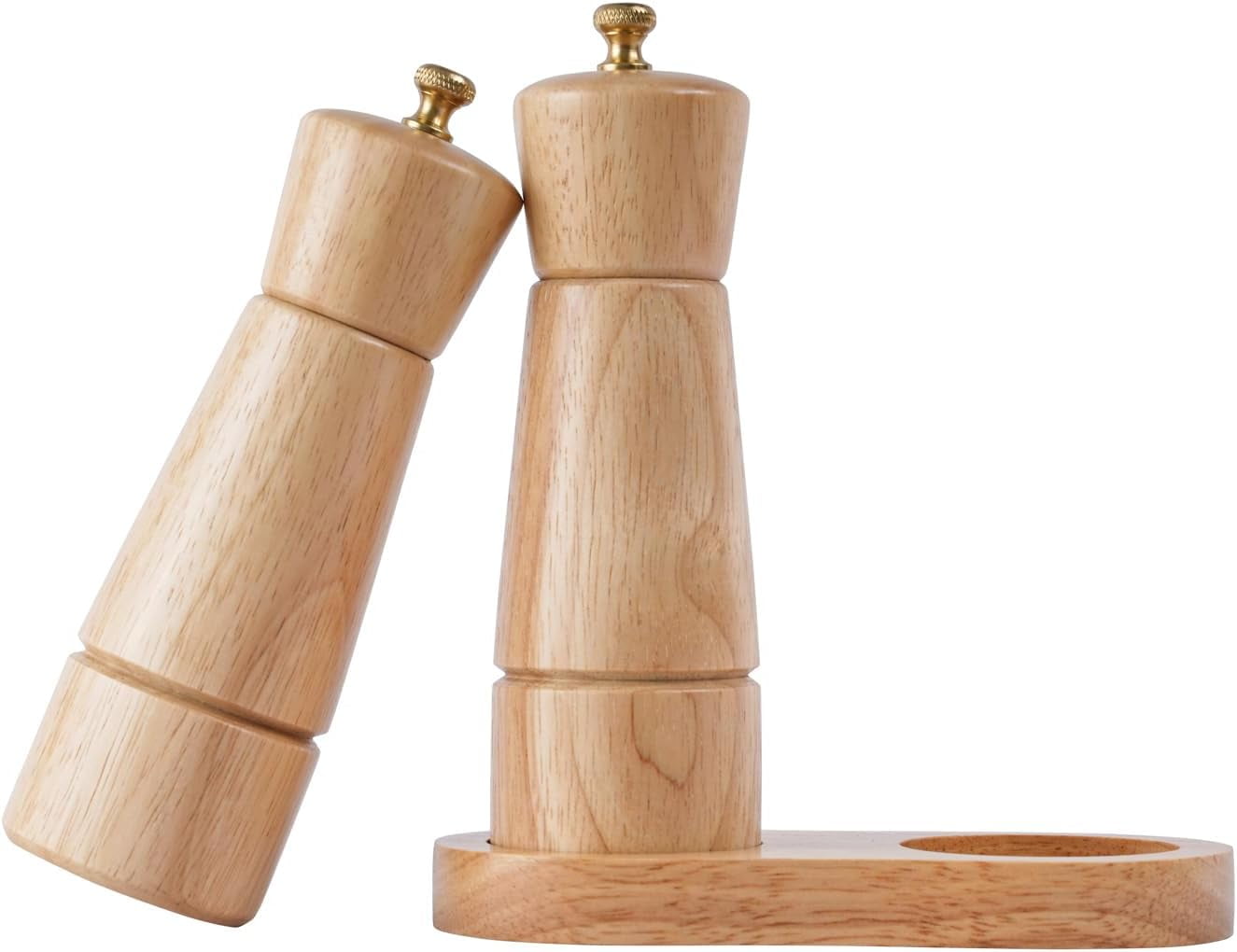 DeroTeno Salt and Pepper Mill Set with Tray, Adjustable Ceramic Grinder Salt Mill, Stainless Steel Grinder Pepper Mill, Rubber Wood, 16.5 cm/ 6 inch Height, Bottom Dia 5 cm