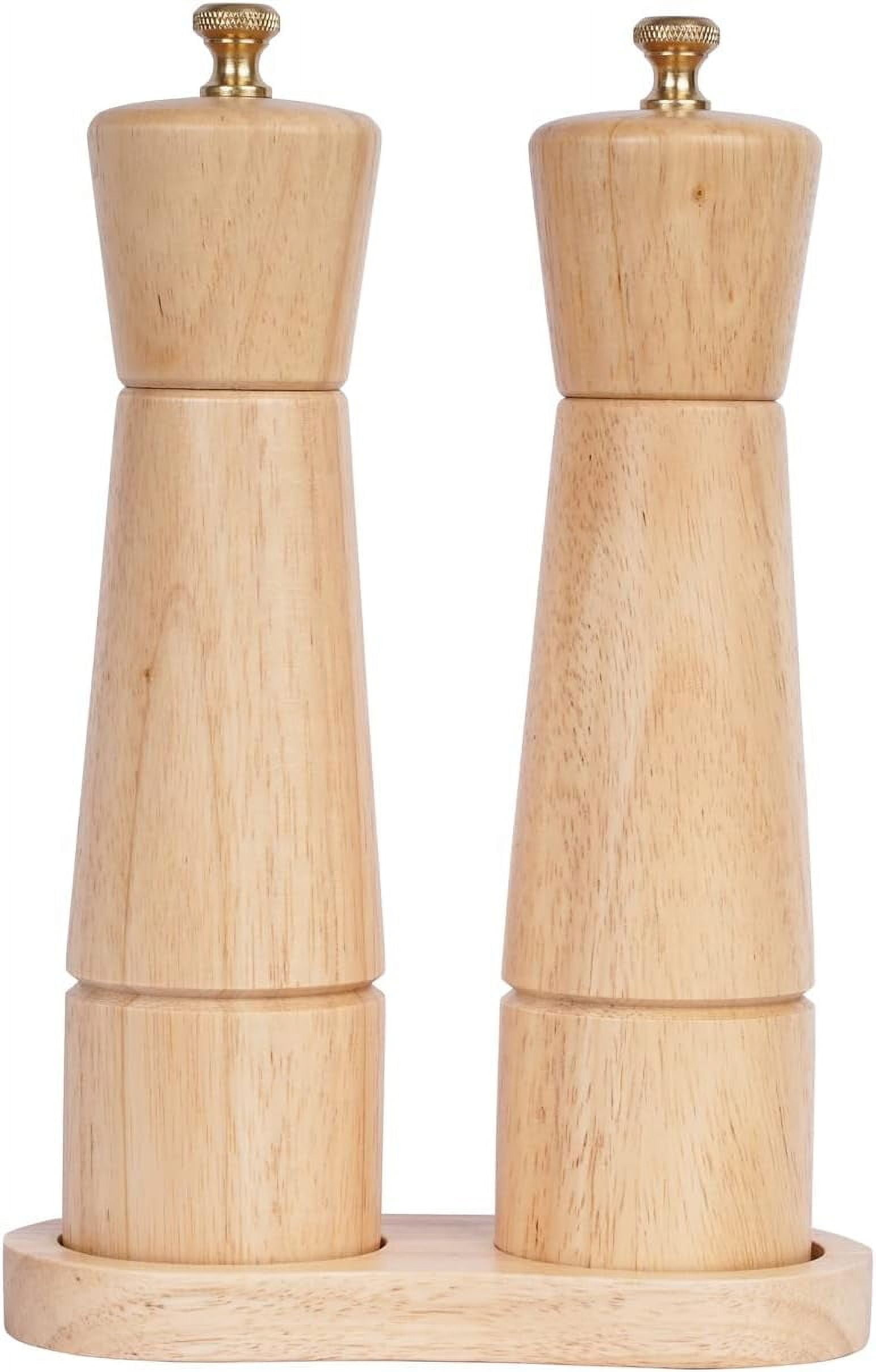 DeroTeno Salt and Pepper Mill Set with Tray, Adjustable Ceramic Grinder Salt Mill, Stainless Steel Grinder Pepper Mill, Rubber Wood, 22 cm / 8 inch Height, Bottom Dia 5.5 cm