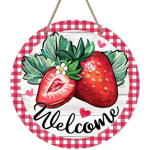 8X8 Deroro Welcome Spring Summer Strawberry Front Door Sign, Red Fruit Plaid Check Metal Tin Sign Door Hanger Outdoor Outside Porch Decor, Farmhouse Rustic