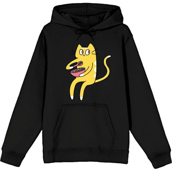 Derpy Kitty Cat With Pink Bowl Adult Black Long Sleeve Hoodie-Large