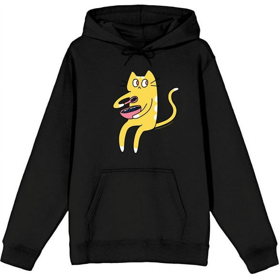 Derpy Kitty Cat With Pink Bowl Adult Black Long Sleeve Hoodie-XXL