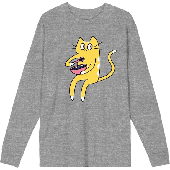Derpy Kitty Cat With Pink Bowl Adult Heather Gray Crew Neck Long Sleeve Tee-Large
