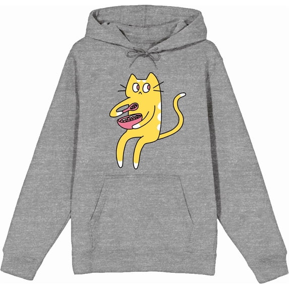 Derpy Kitty Cat With Pink Bowl Adult Heather Gray Long Sleeve Hoodie-Medium