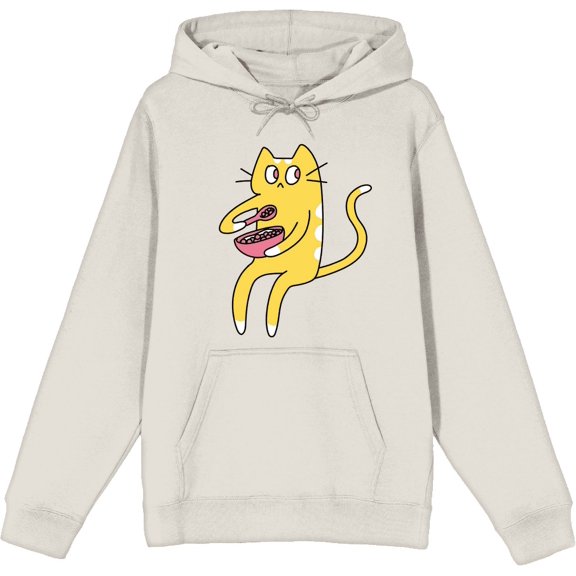 Derpy Kitty Cat With Pink Bowl Adult Sand Long Sleeve Hoodie-Medium