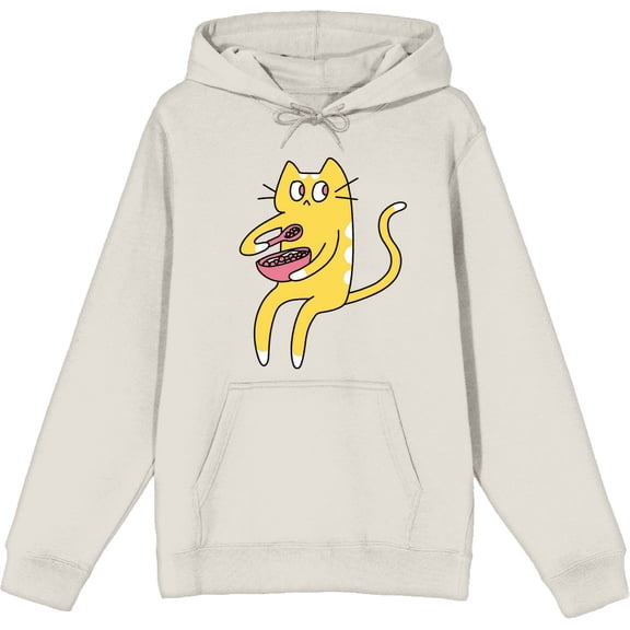 Derpy Kitty Cat With Pink Bowl Adult Sand Long Sleeve Hoodie-XL