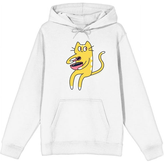 Derpy Kitty Cat With Pink Bowl Adult White Long Sleeve Hoodie-XS