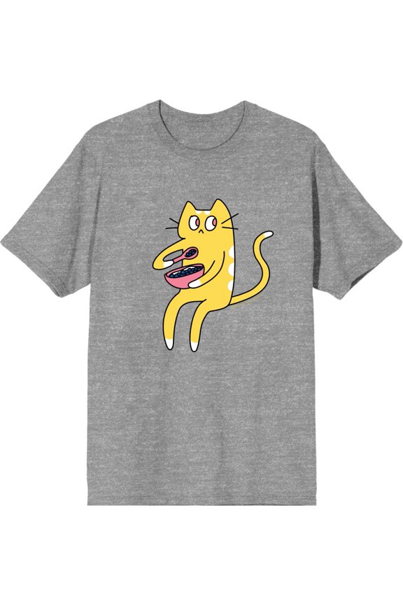 Derpy Kitty Cat With Pink Bowl Men's Heather Gray Crew Neck Short Sleeve Tee-Large
