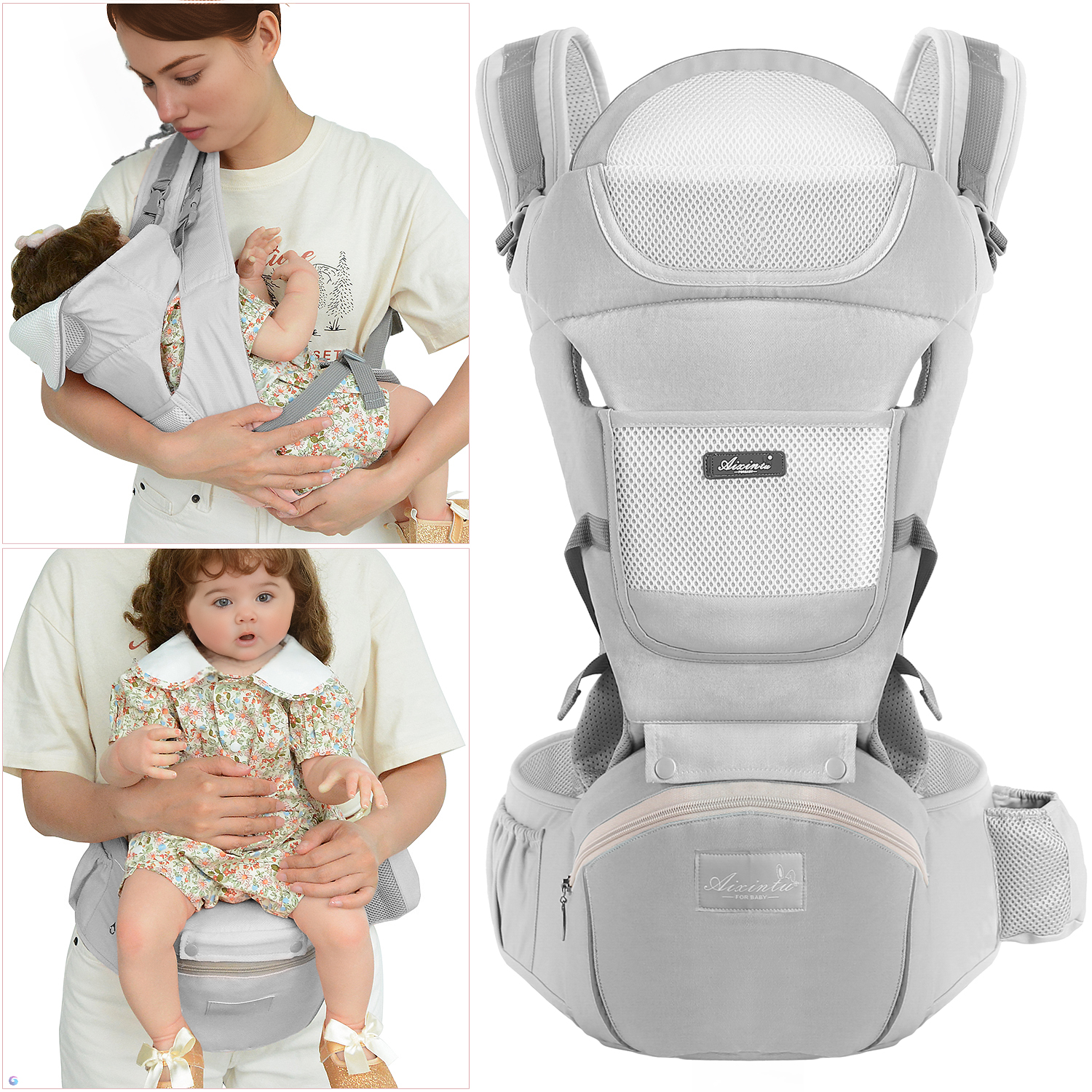 Derstuewe Baby Carrier, Baby Backpack Wrap for Infants Newborn with Hip Seat Lumbar Support , Soft Grey