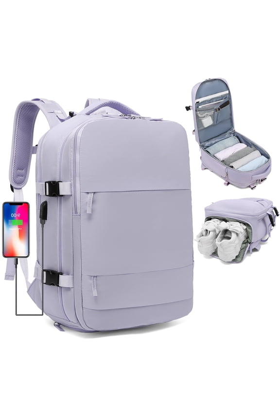 Large Travel Backpack for Women , Carry on Backpack for Outdoor Sports , Waterproof Laptop Bag with USB Port , College Backpack Flight Approved，Purple