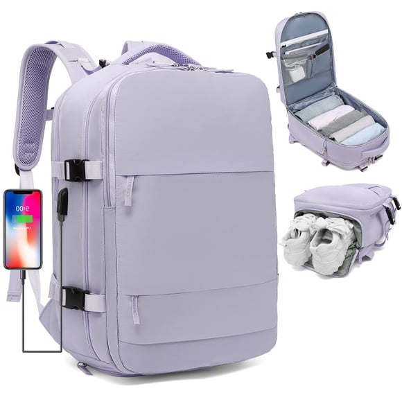 Large Travel Backpack for Women , Carry on Backpack for Outdoor Sports , Waterproof Laptop Bag with USB Port , College Backpack Flight Approved,Purple