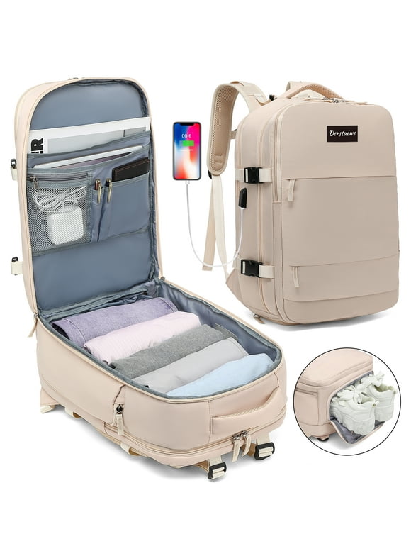 Derstuewe Large Travel Backpack for Women Men, Carry On Backpack for Outdoor Sports , Waterproof Laptop Bag with USB Charging Port, Backpack Flight Approved，Beige