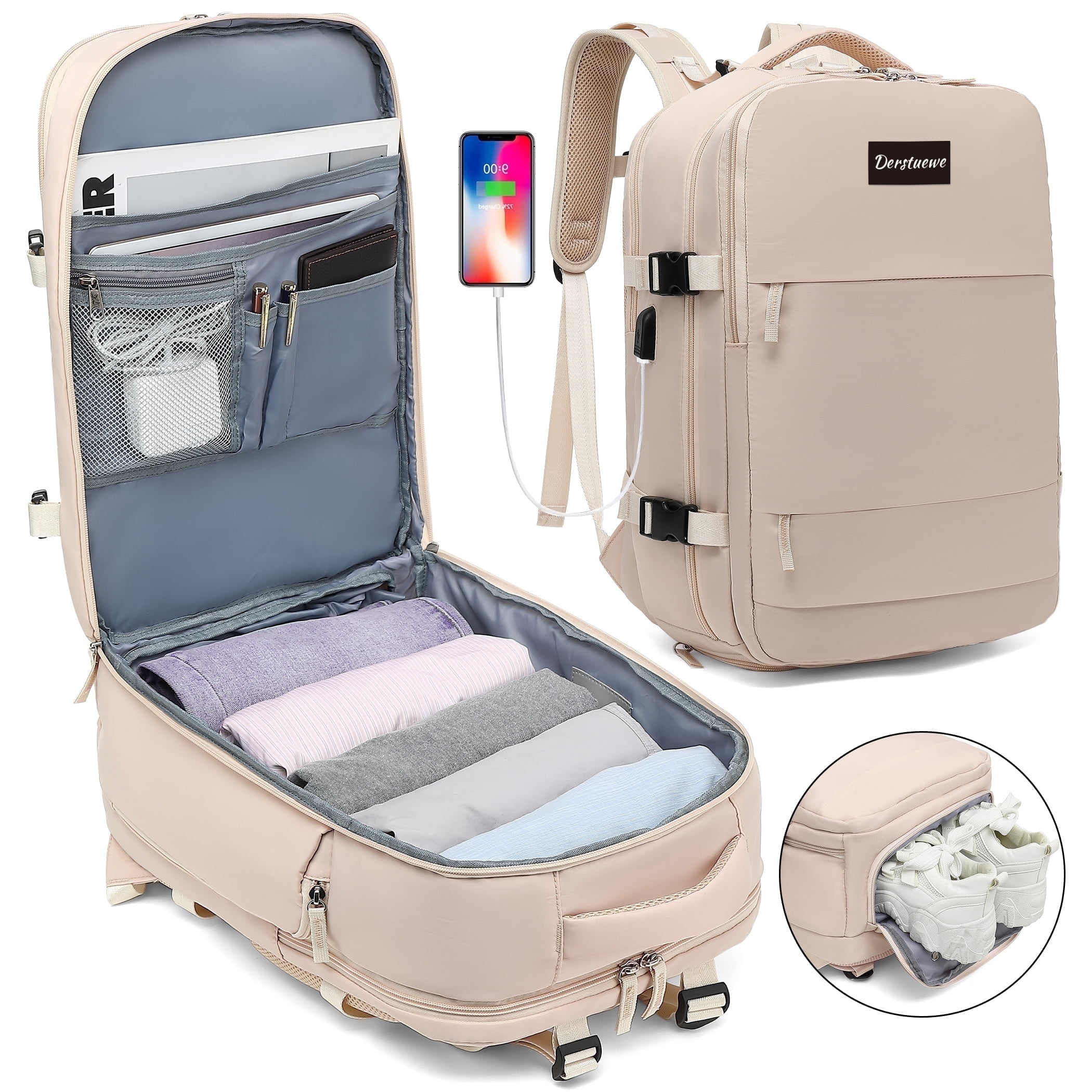 Derstuewe Large Travel Backpack for Women Men Flight Approved Carry on Luggage Personal Item Travel Bag Fits 15.6 Laptop Mochila Beige