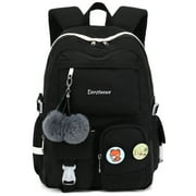 Derstuewe School Bag College Backpack, Large Bookbags for Teens Girls Women Students(Black with Grey Pom Pom)