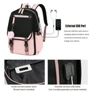 Derstuewe Teenage Girls' Backpack, Middle School Backpack Students Bookbag for Teen Girls,with USB Charge Port (Pink Black)