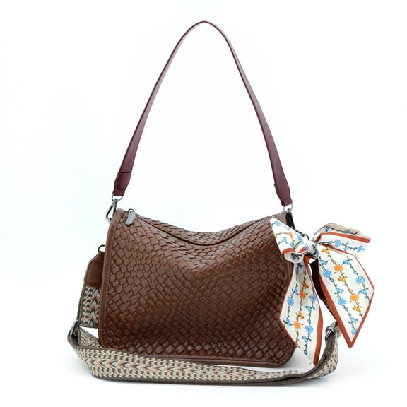 Crossbody Bag Purse, Shoulder Bag w. Adjustable Strap and Decorative Scarf, Tote bag Brown
