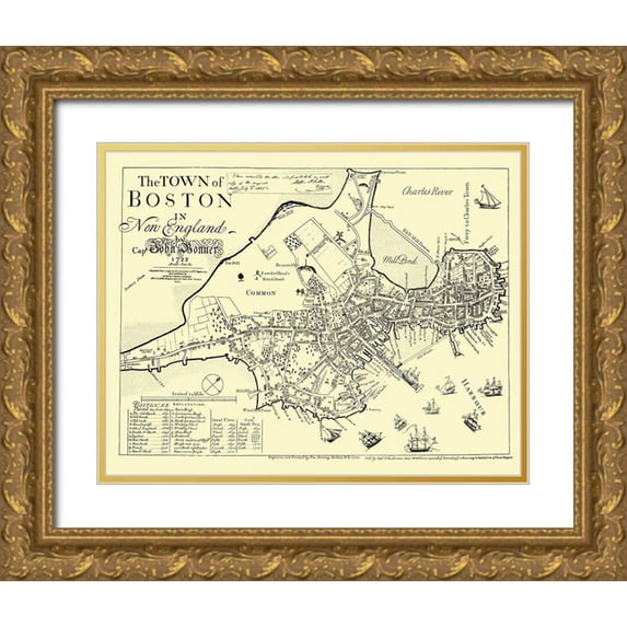 Derving 18x15 Gold Ornate Wood Framed with Double Matting Museum Art Print Titled - Boston Massachusetts - Derving 1722