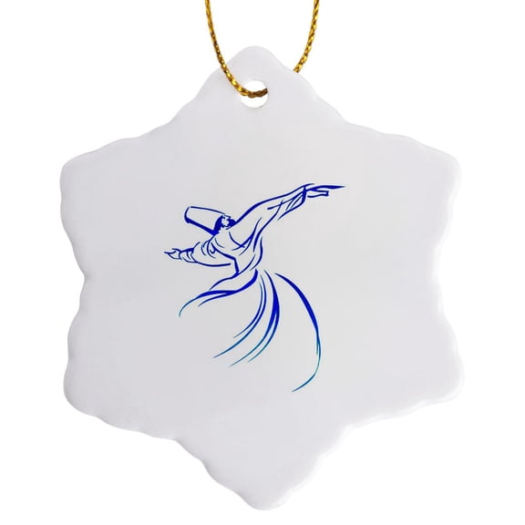 3drose, Dervish Calligraphy Style Blue Hue Vector Art, 3 inch Snowflake Porcelain Ornament