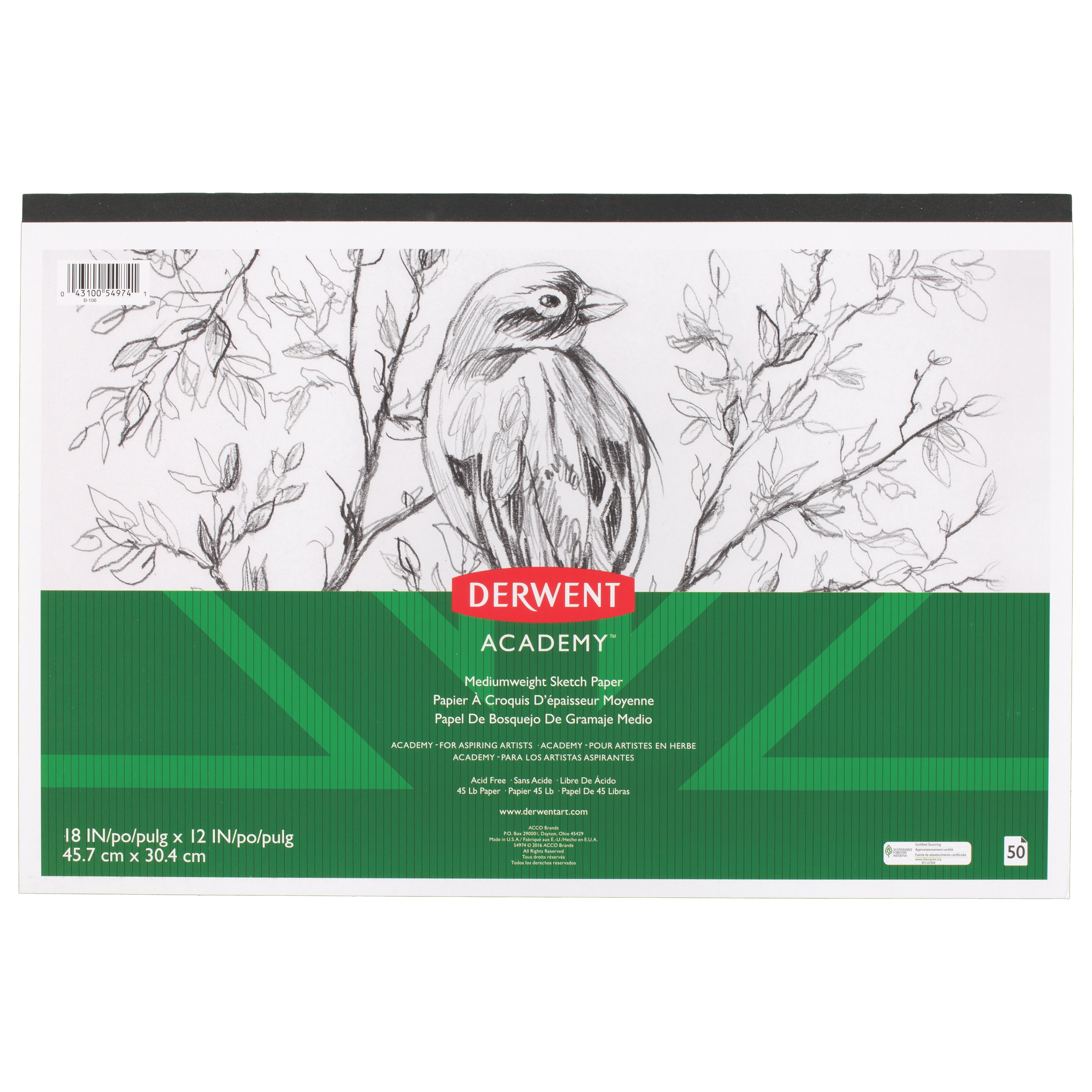 Derwent Academy Mediumweight Sketch Paper Pad, 50 Sheets, 18" x 12