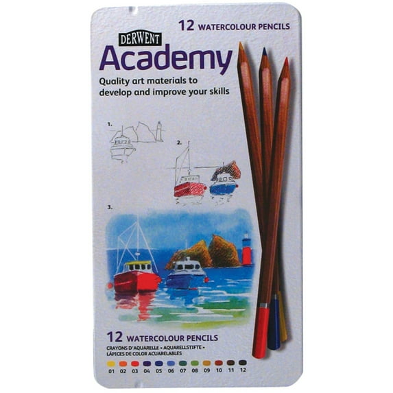 Derwent Academy Watercolor Pencil Set, 12-Color Tin Set
