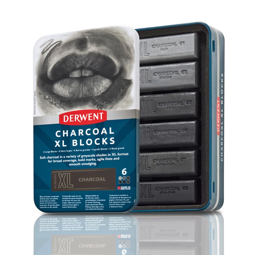 Derwent Charcoal XL Blocks 6 Tin, AIS1 Set of 6, 60mm Extra-Large Block ...