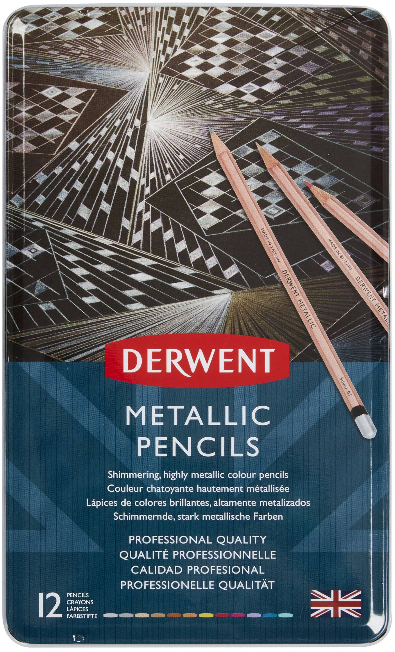 Derwent Metallic Pencils W/Tin 12/Pkg-