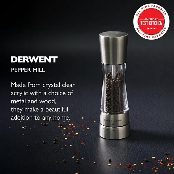 Derwent Pepper Mill - Refillable Pepper Grinder with Gourmet Precision Mechanisms - Kitchen Accessories for Cooking - Black Peppercorn Grinder for Seasoning - Pepper Mill, Stainless Steel