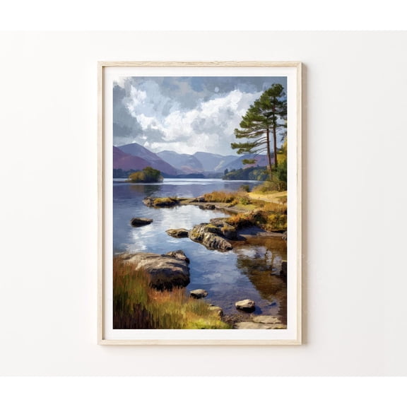 Derwentwater Lake District England Mountain Reflection Art, Unframed Paper Poster 8x10in