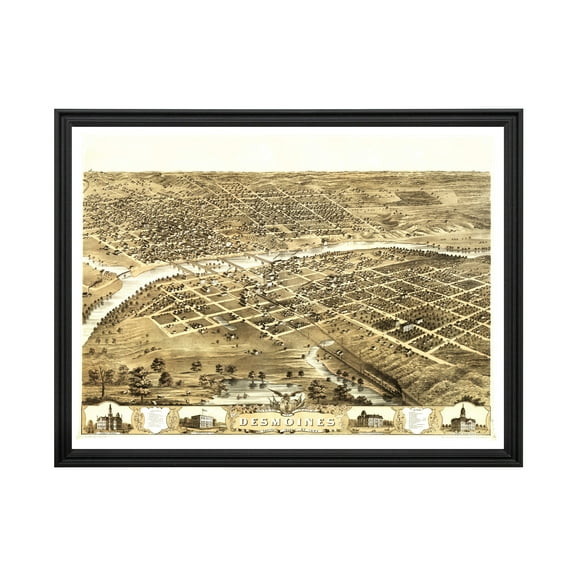 Des Moines Art, 1868 Vintage Map of Des Moines Iowa, IA History Wall Decor Gift, Old Des Moines Map - 24" x 18" Black Framed Print