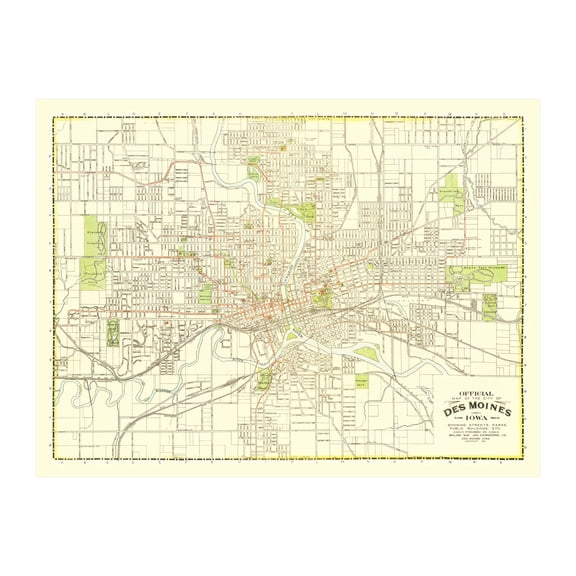 Des Moines Art, 1920 Vintage Map of Des Moines Iowa, IA History Wall Decor Gift, Old Des Moines Map - 24" x 18" Unframed Print