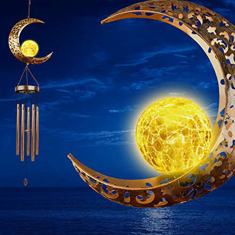 Solar Moon Crackle Glass Ball Wind Chimes with Metal Tubes