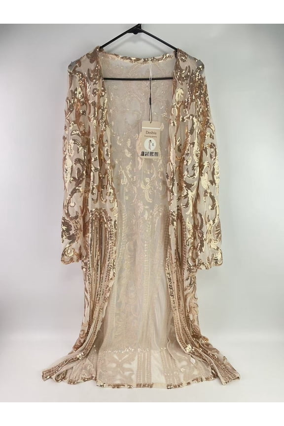 Evening gowns,Women Beige Totem Sequin Sparkly Long Sleeve Mesh Cardigan Cloak for Party Prom - L