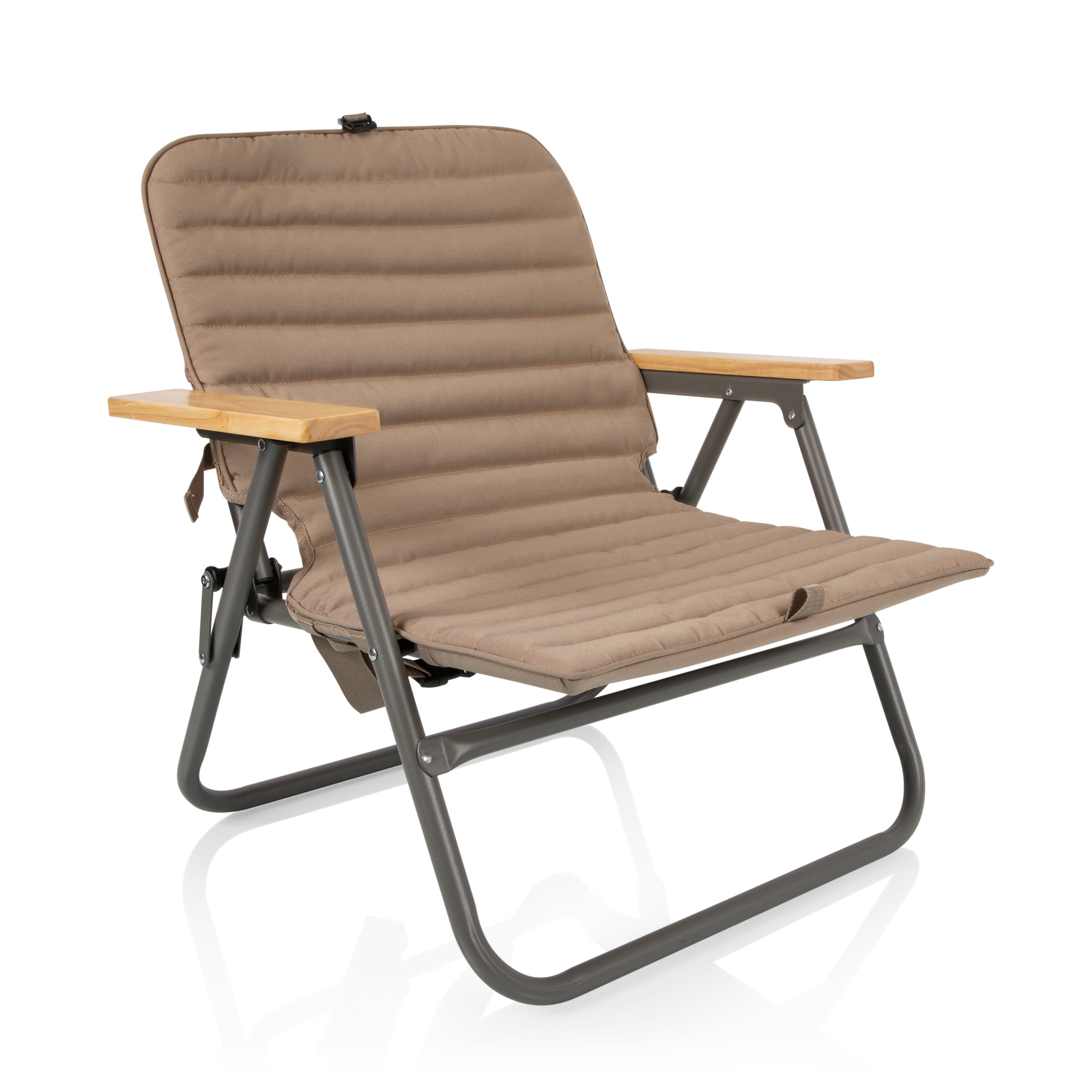 Shale Brown Padded Folding Beach Chair with Wood Armrests