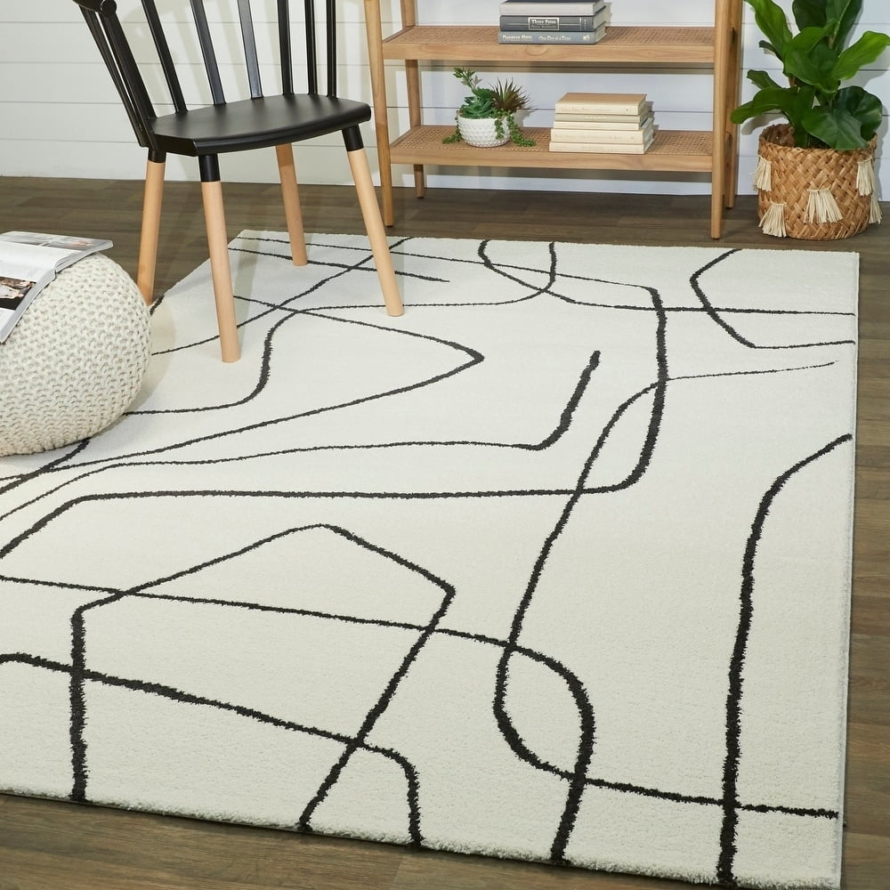 Mustard and Ivory Abstract Rectangular Synthetic Area Rug 6'7" x 9'