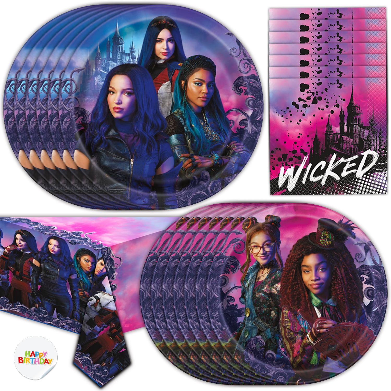 Descendants 3 Party Supplies for 16 - Large Plates, Dessert Plates,  Napkins, Table cover - Great Disney Decorative Birthday Set with Audrey,  Uma, Lady