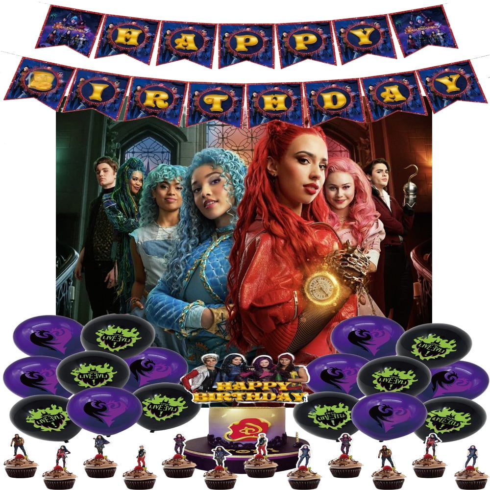 Descendants Birthday Decoration - Descendants Themed Party Supplies Set includes Cupcake Toppers, Cake Topper, Happy Birthday Banner, Balloons, Background