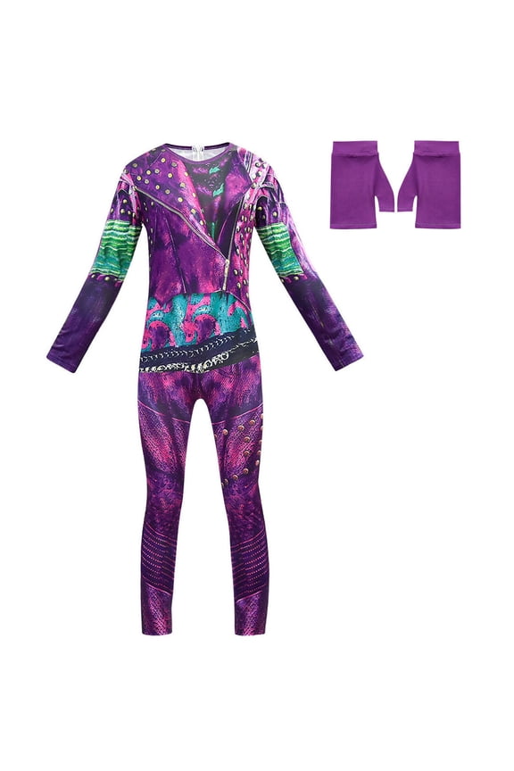Girls 3D Printed Magic Villain Jumpsuit w/Gloves Rebel Fairy Costume Long Sleeve Bodysuit for Halloween Dress Up