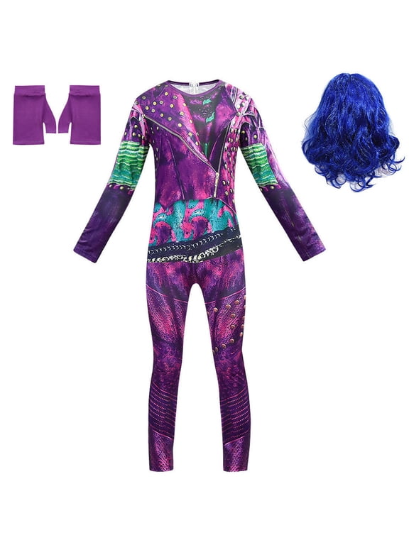 Girls 3D Printed Magic Villain Jumpsuit w/Gloves Wig Rebel Fairy Costume Long Sleeve Bodysuit for Halloween Dress Up